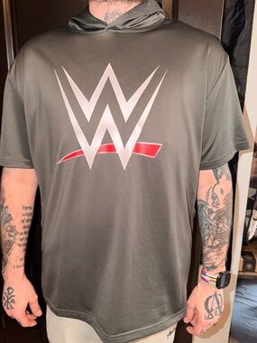 WWE Gray Short-Sleeve Hoodie with Silver & Red Logo